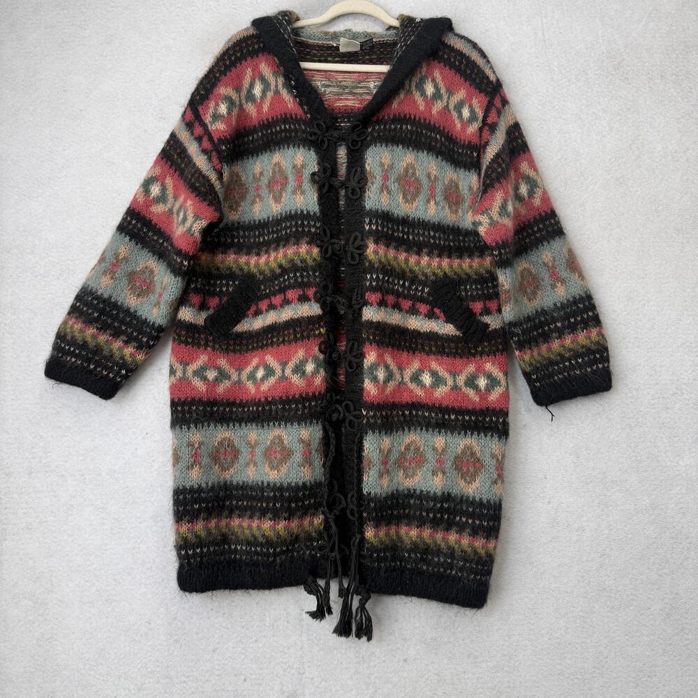 PAUL Et Duffier Cardigan Sweater Womens Small Multicolor Hooded Fair Isle Knit